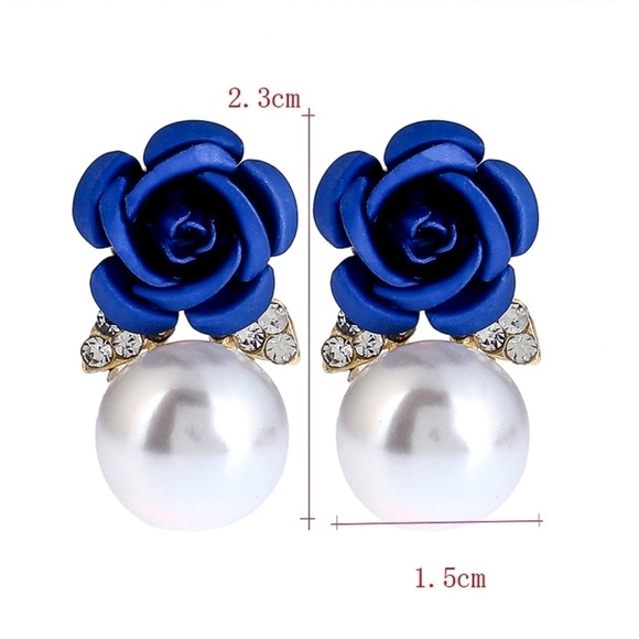 Gold w/Blue Rose & Faux Pearl Lever Back Earrings - Picture 7 of 8